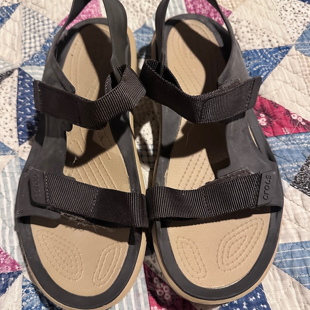 CROCS Black Strapped Sandals with Tan Footbed